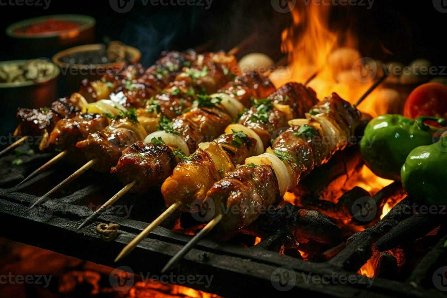 Juicy skewered seekh kababs a mouthwatering blend of spices and grilled goodness AI Generated photo