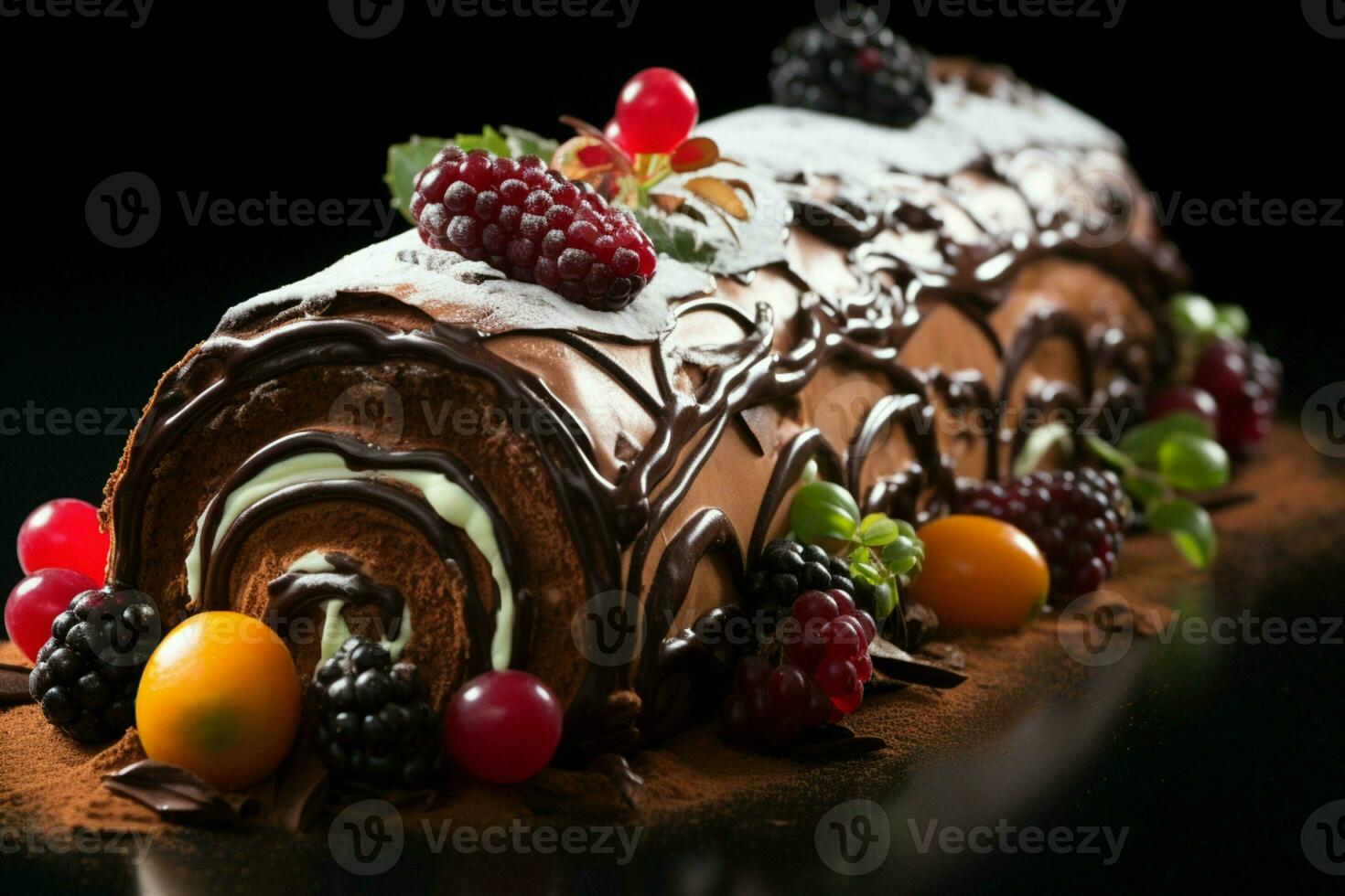 AI generated Classic Yule log a festive treat Christmas cake rolled and adorned for a delightful celebration AI Generated photo