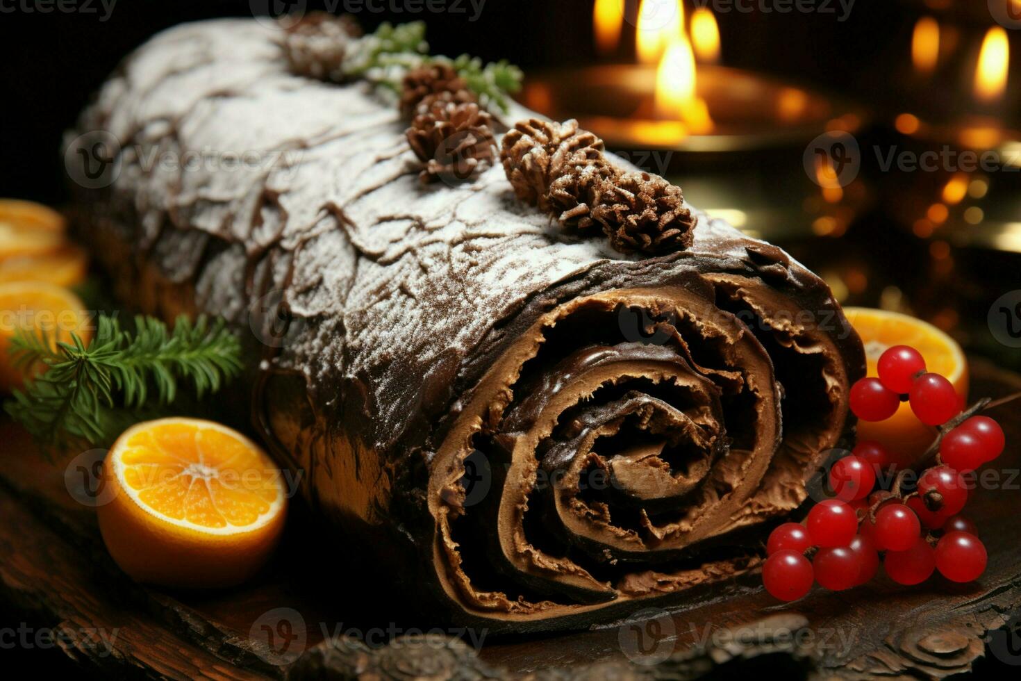 AI generated Classic Yule log a festive treat Christmas cake rolled and adorned for a delightful celebration AI Generated photo