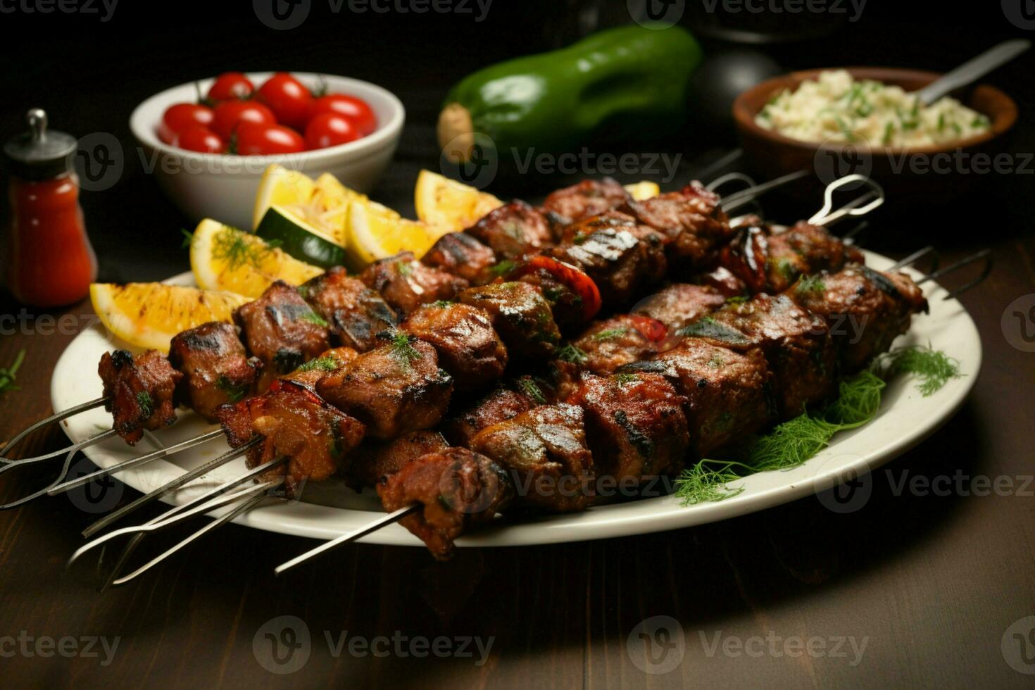 Juicy skewered seekh kababs a mouthwatering blend of spices and grilled goodness AI Generated photo