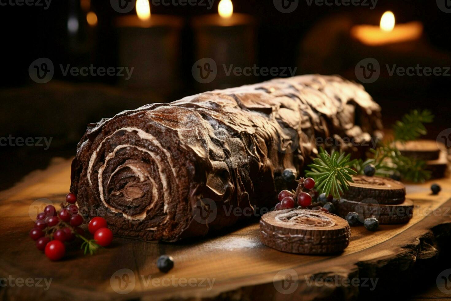 AI generated Classic Yule log a festive treat Christmas cake rolled and adorned for a delightful celebration AI Generated photo