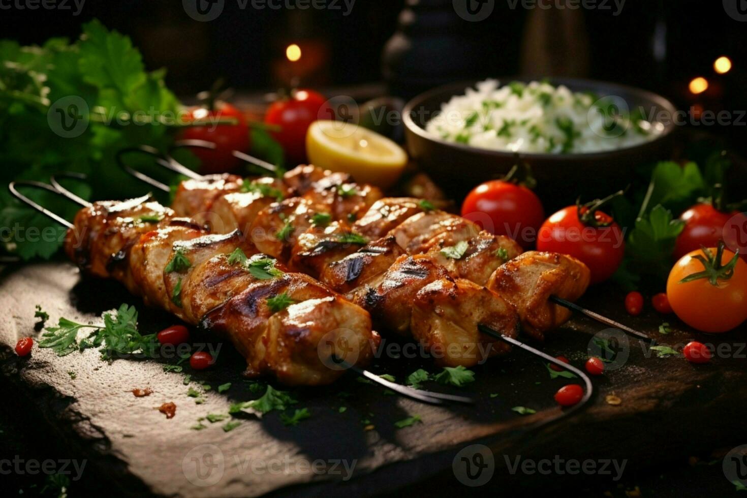 Juicy skewered seekh kababs a mouthwatering blend of spices and grilled goodness AI Generated photo