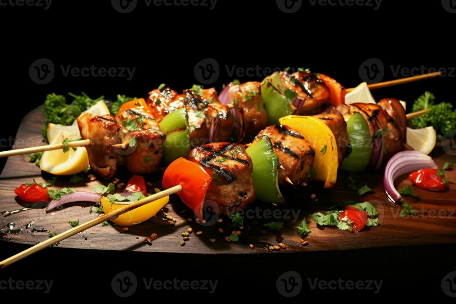 Juicy skewered seekh kababs a mouthwatering blend of spices and grilled goodness AI Generated photo