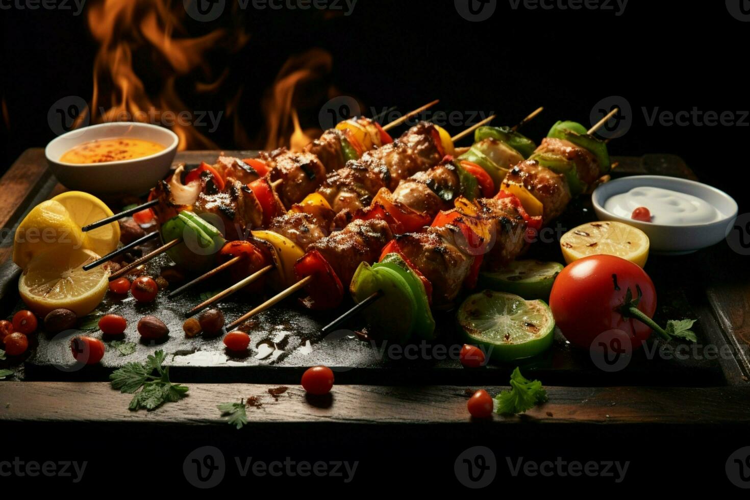 Juicy skewered seekh kababs a mouthwatering blend of spices and grilled goodness AI Generated photo