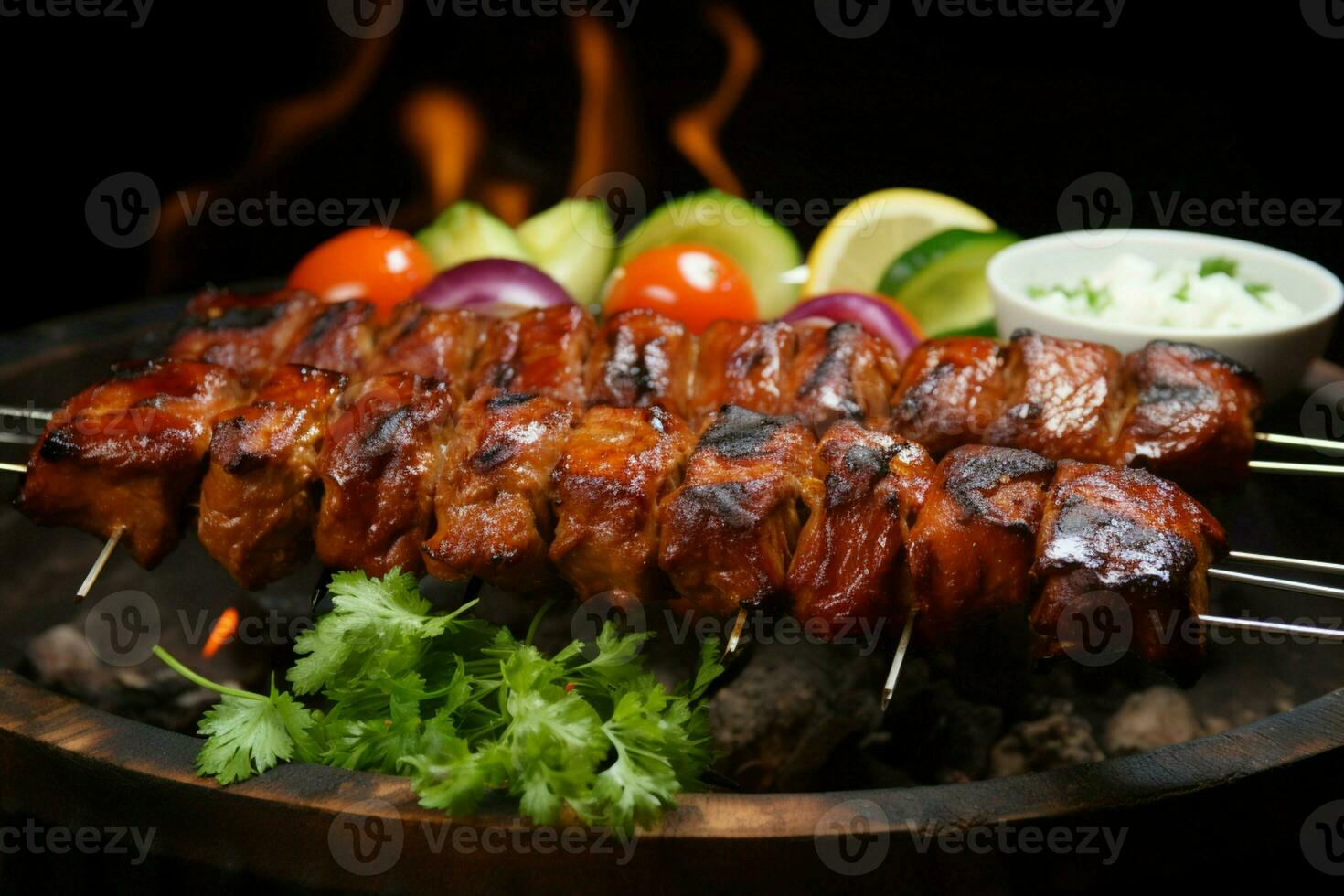 jugoso ensartado seekh brochetas un Agua en la boca mezcla de especias y A la parrilla bondad ai generado foto