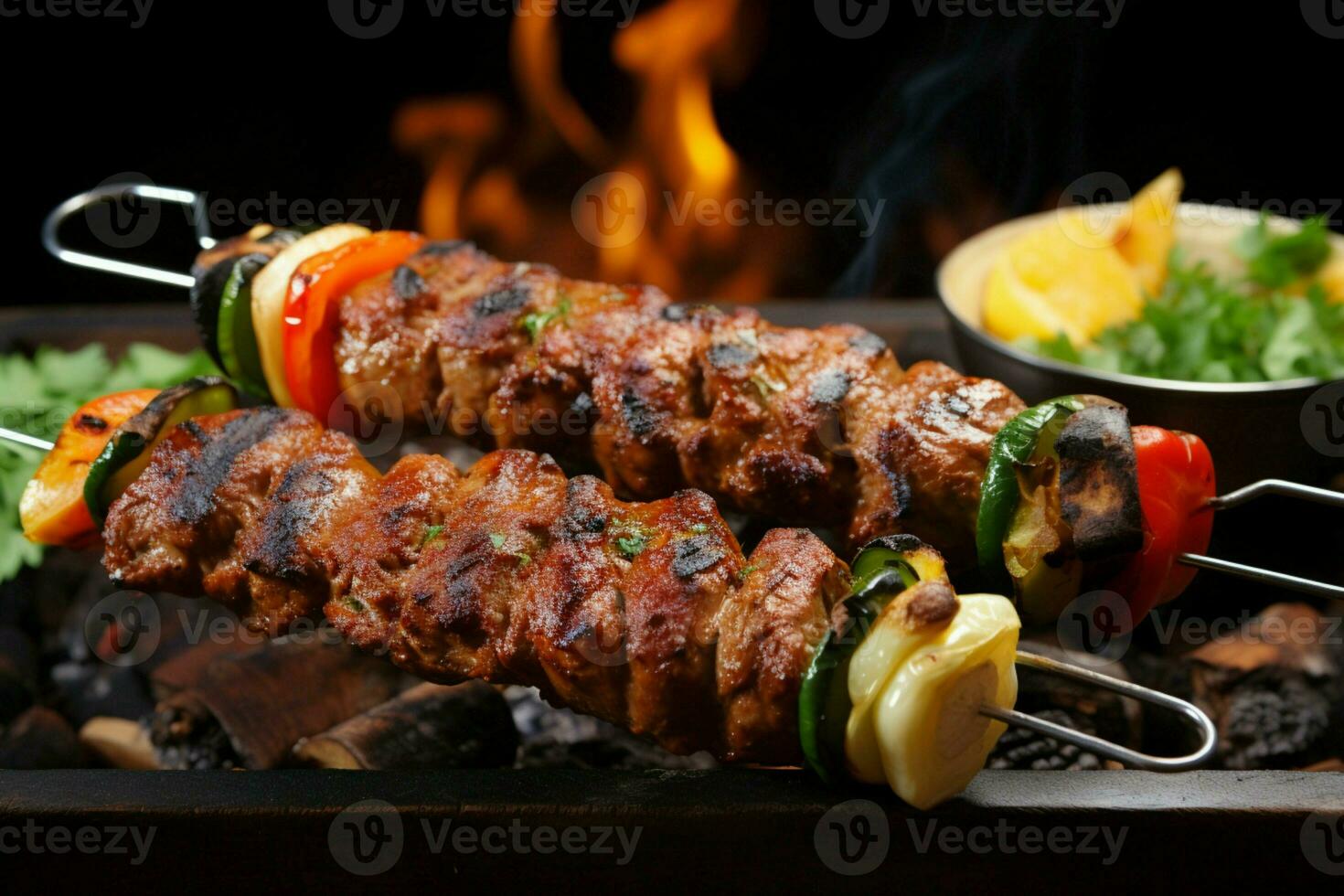 Juicy skewered seekh kababs a mouthwatering blend of spices and grilled goodness AI Generated photo