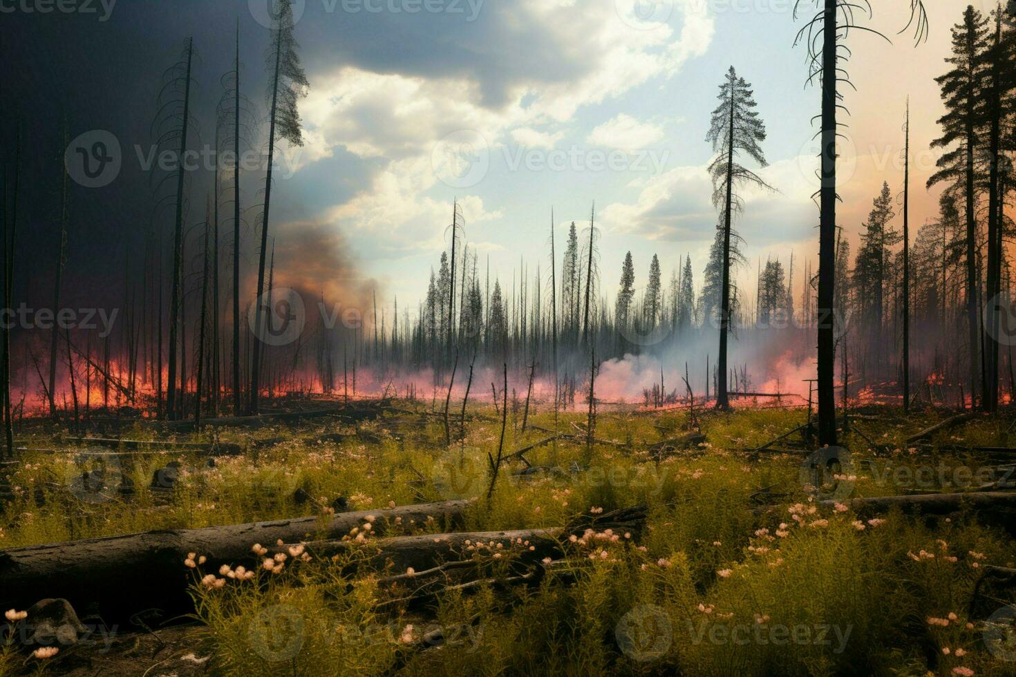 wildfire forest fire Engulfs Woods Fire Spreads Wildly AI Generated photo