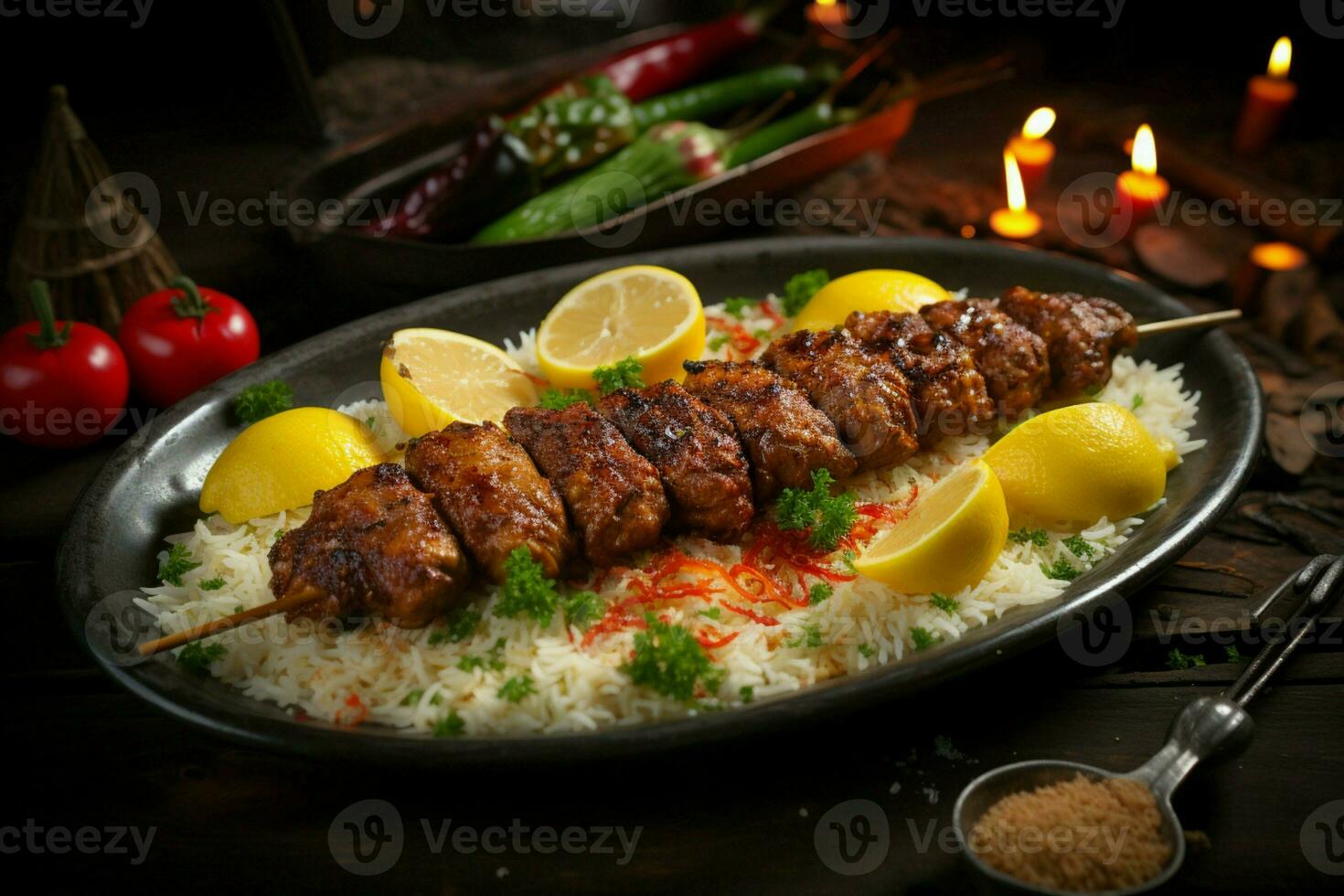 Juicy skewered seekh kababs a mouthwatering blend of spices and grilled goodness AI Generated photo