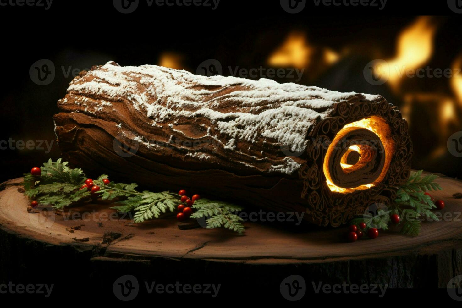 AI generated Classic Yule log a festive treat Christmas cake rolled and adorned for a delightful celebration AI Generated photo