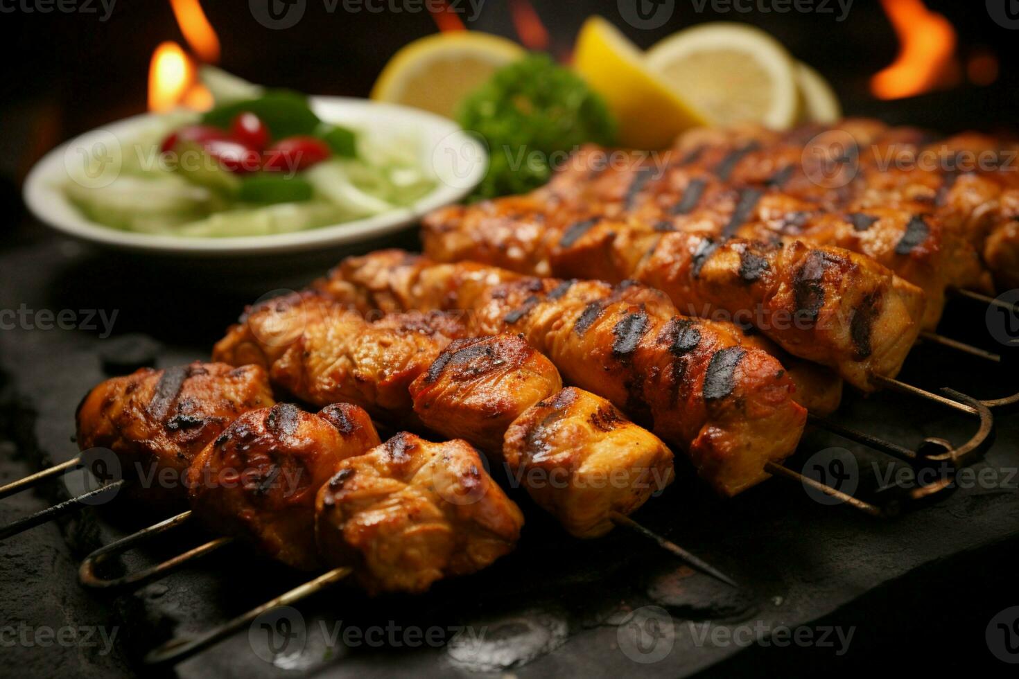 Juicy skewered seekh kababs a mouthwatering blend of spices and grilled goodness AI Generated photo