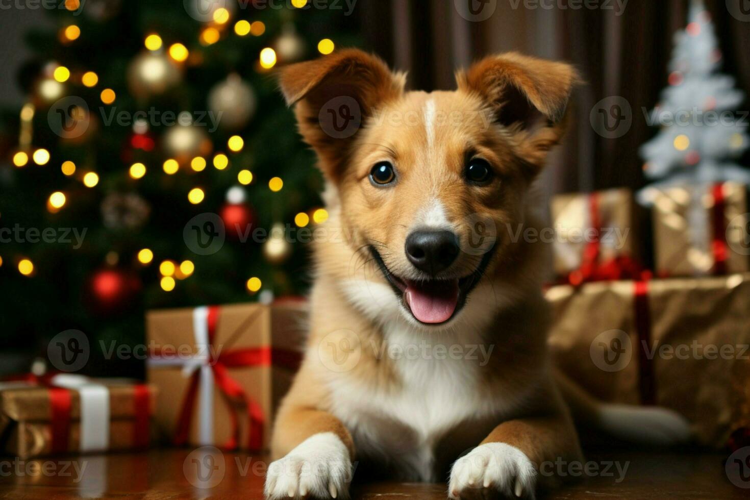 AI generated Christmas festivities with a lovable dog celebrating with festive decorations and holiday joy AI Generated photo