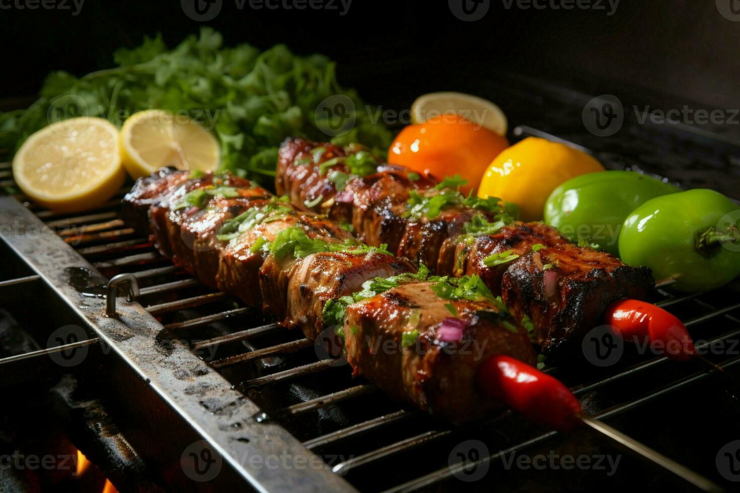 Juicy skewered seekh kababs a mouthwatering blend of spices and grilled goodness AI Generated photo