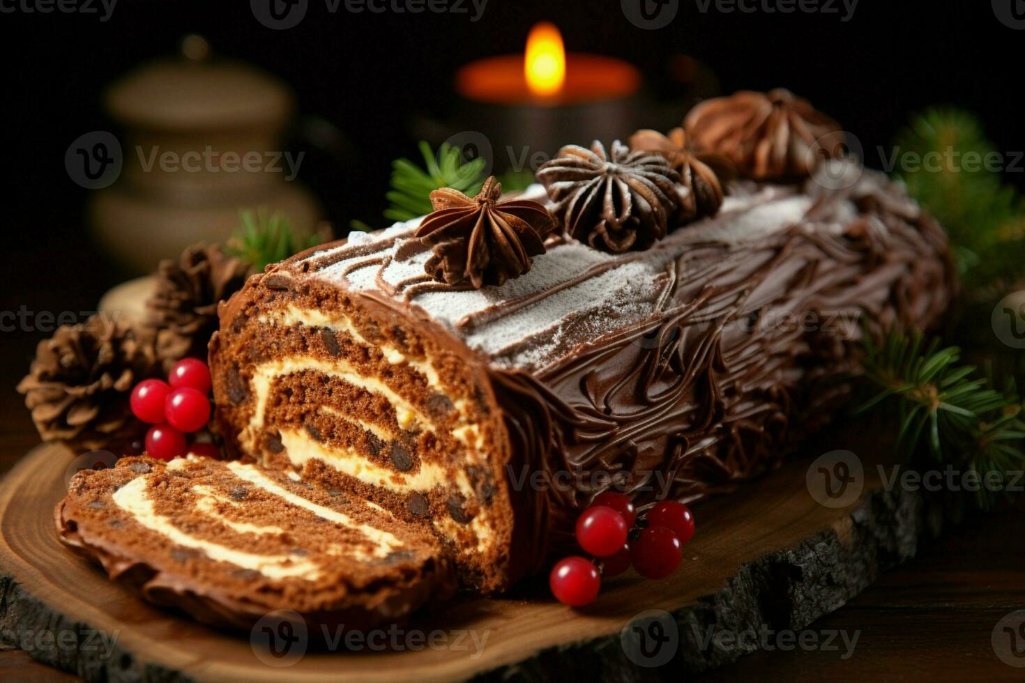 AI generated Classic Yule log a festive treat Christmas cake rolled and adorned for a delightful celebration AI Generated photo