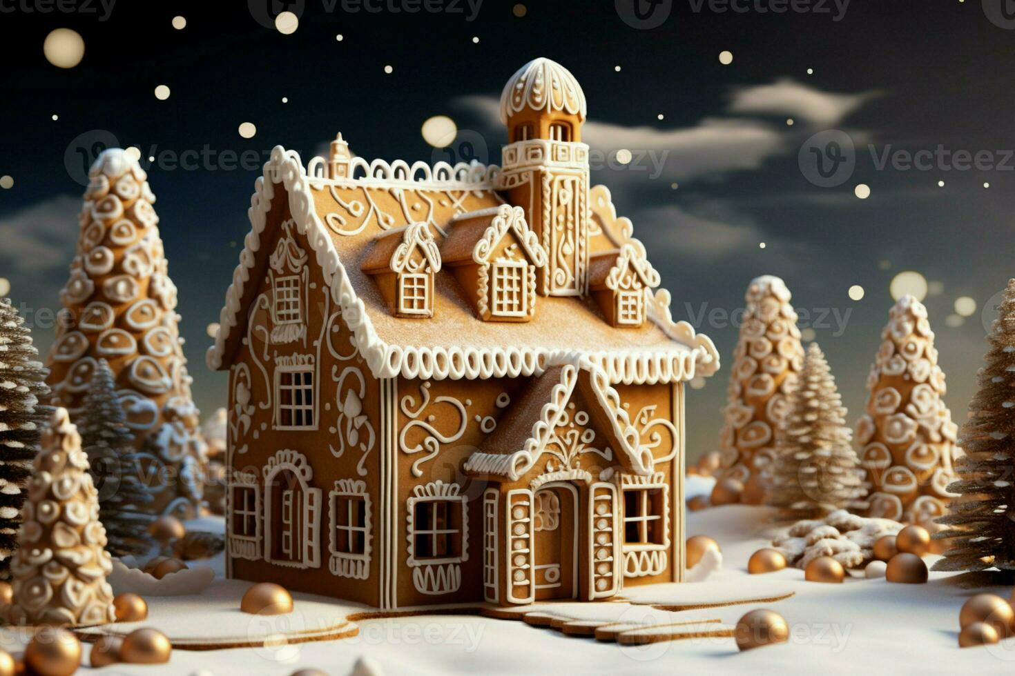 AI generated Christmas gingerbread house Magical fairy tale castle in snowy winter of sugary dreams AI Generated photo