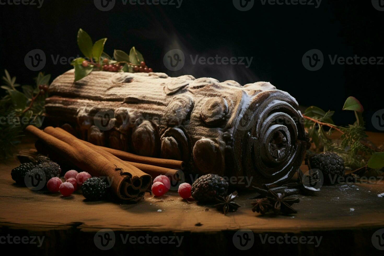 AI generated Classic Yule log a festive treat Christmas cake rolled and adorned for a delightful celebration AI Generated photo