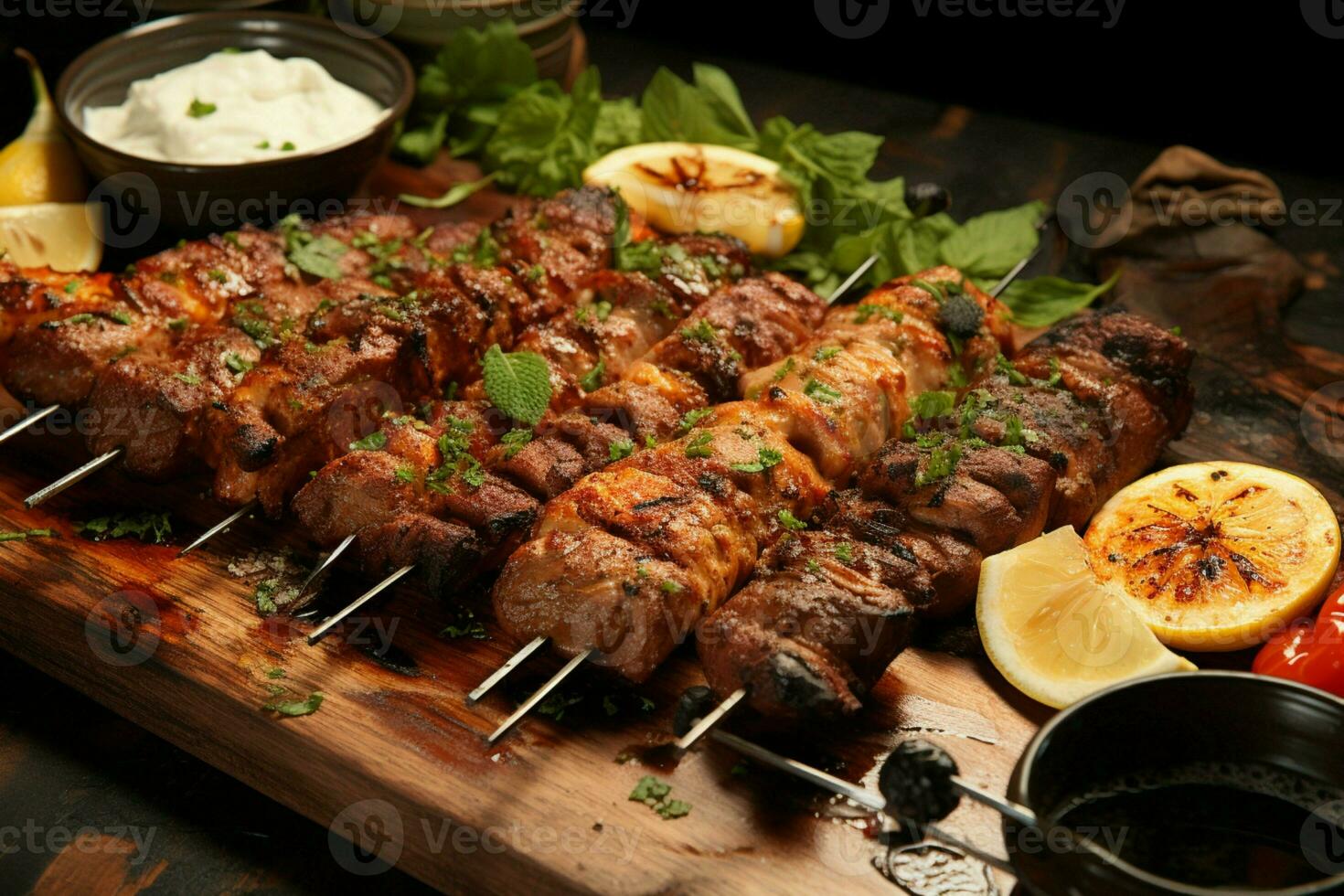 jugoso ensartado seekh brochetas un Agua en la boca mezcla de especias y A la parrilla bondad ai generado foto