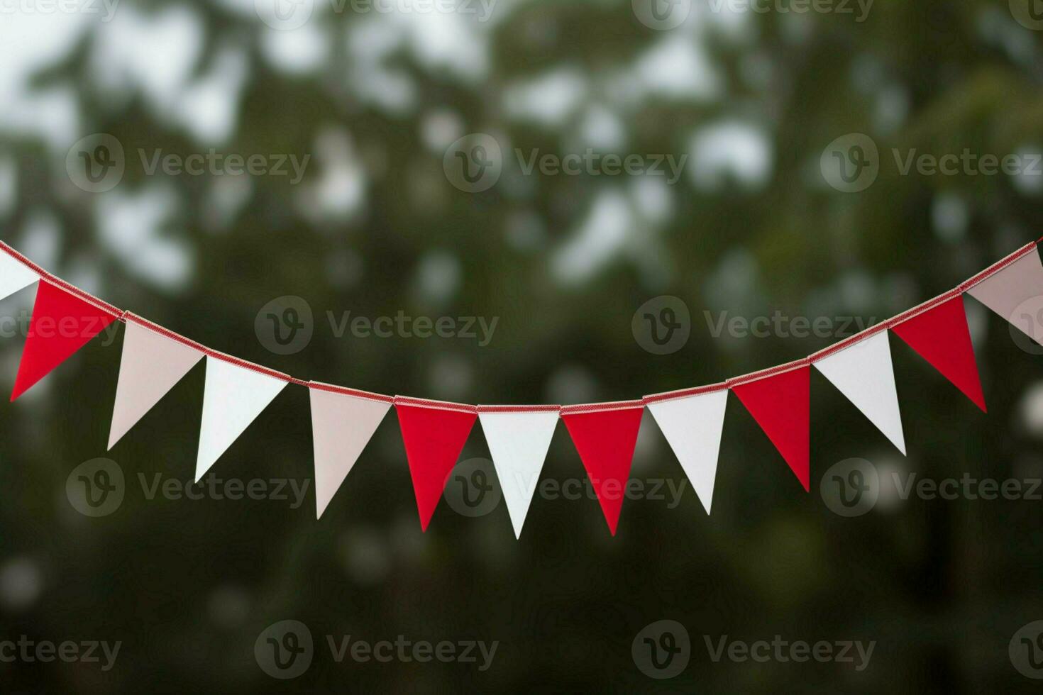 ai generado vibrante rojo y blanco verderón festivamente colgando con triangular banderas para celebraciones ai generado foto