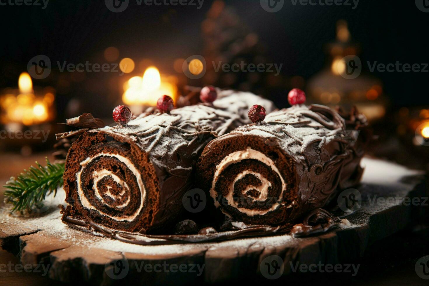 AI generated Classic Yule log a festive treat Christmas cake rolled and adorned for a delightful celebration AI Generated photo