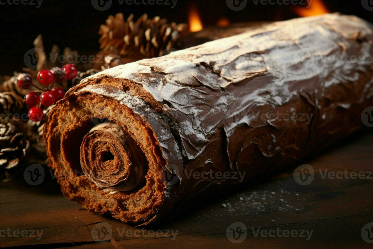 AI generated Classic Yule log a festive treat Christmas cake rolled and adorned for a delightful celebration AI Generated photo