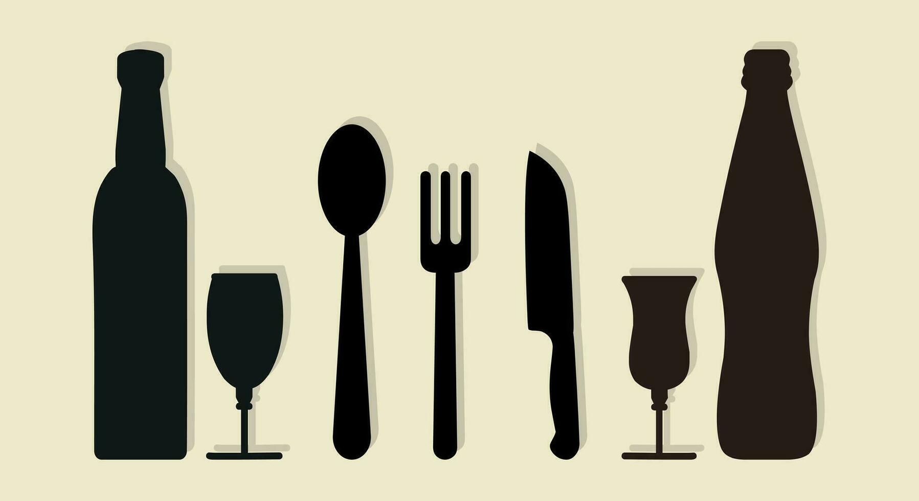 Wine bottle alcohol with wine glass symbol and cutlery spoon knife vector illustration.