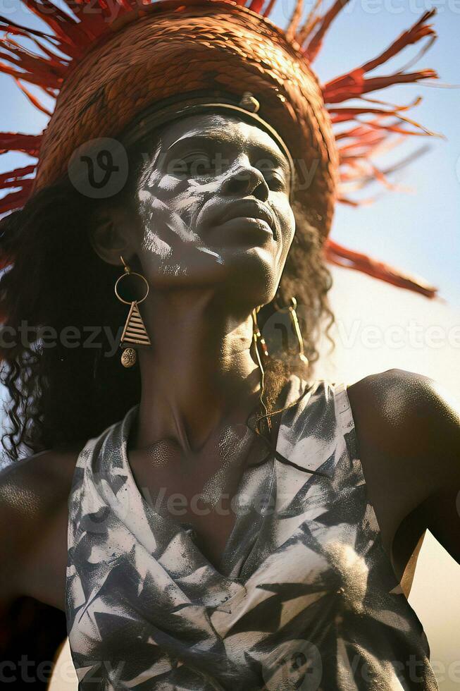 A striking portrait of an individual with white tribal face markings, looking skyward with a sunlit backdrop, AI Generated photo