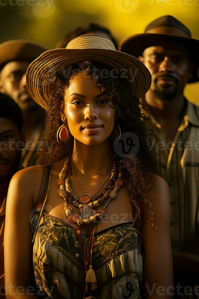 A Radiant Woman with a Straw Hat and Traditional Necklace stands Confidently, surrounded by a Group of Men in a Golden Sunset, AI Generated photo