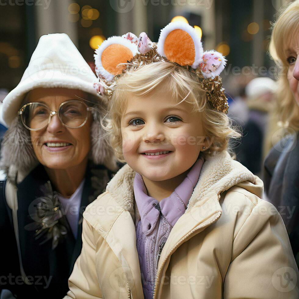 A Joyful Moment as a Grandmother and her Young Granddaughter, wearing Festive Bunny Ears, share a Smile at an Easter Parade, AI Generated photo