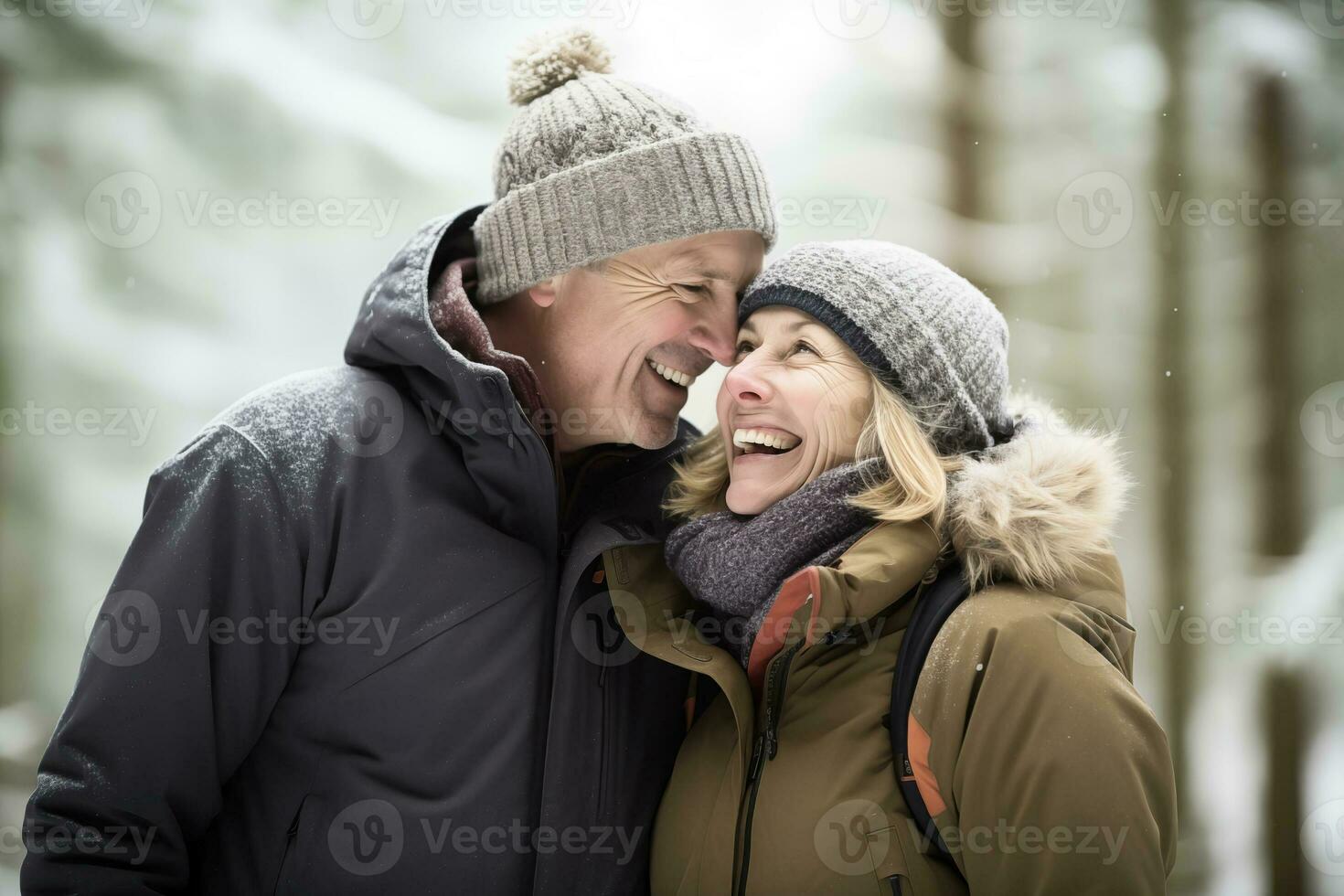 AI generated Senior couple sharing a cheerful moment in a snowy forest photo