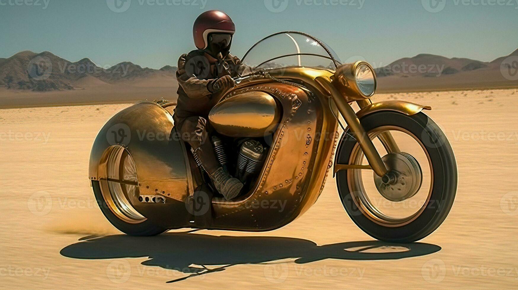 un jinete en lleno engranaje cruceros mediante un Desierto en un pulcro, estilo retro motocicleta, ai generado foto