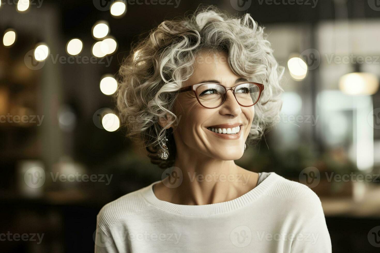 AI generated An elegant senior woman with curly gray hair, radiating joy and sophistication, gazes away in a warmly lit cafe setting photo