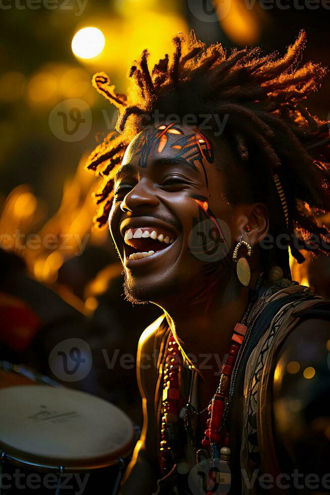 A Man with Face Paint and a Radiant Smile plays the Drum, Illuminated by the Warm Glow of a Setting Sun, AI Generated photo