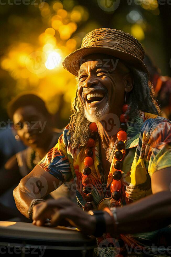 un mayor hombre en un Paja sombrero y vistoso camisa disfruta jugando el tambor, su la risa haciendo eco el alegre ritmo, ai generado foto