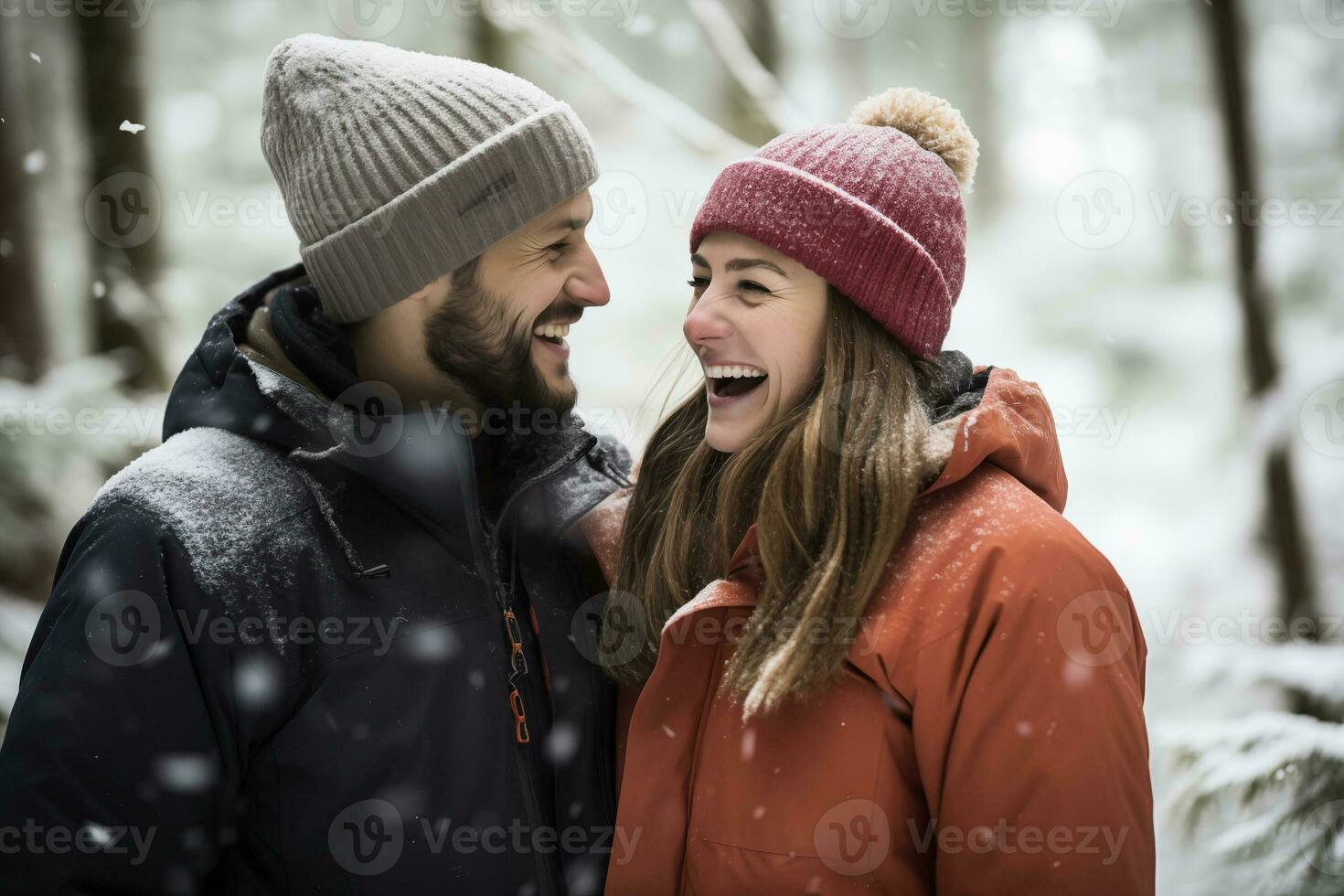 AI generated Man and woman in winter attire smiling and enjoying each other's company amidst falling snow in a forest photo