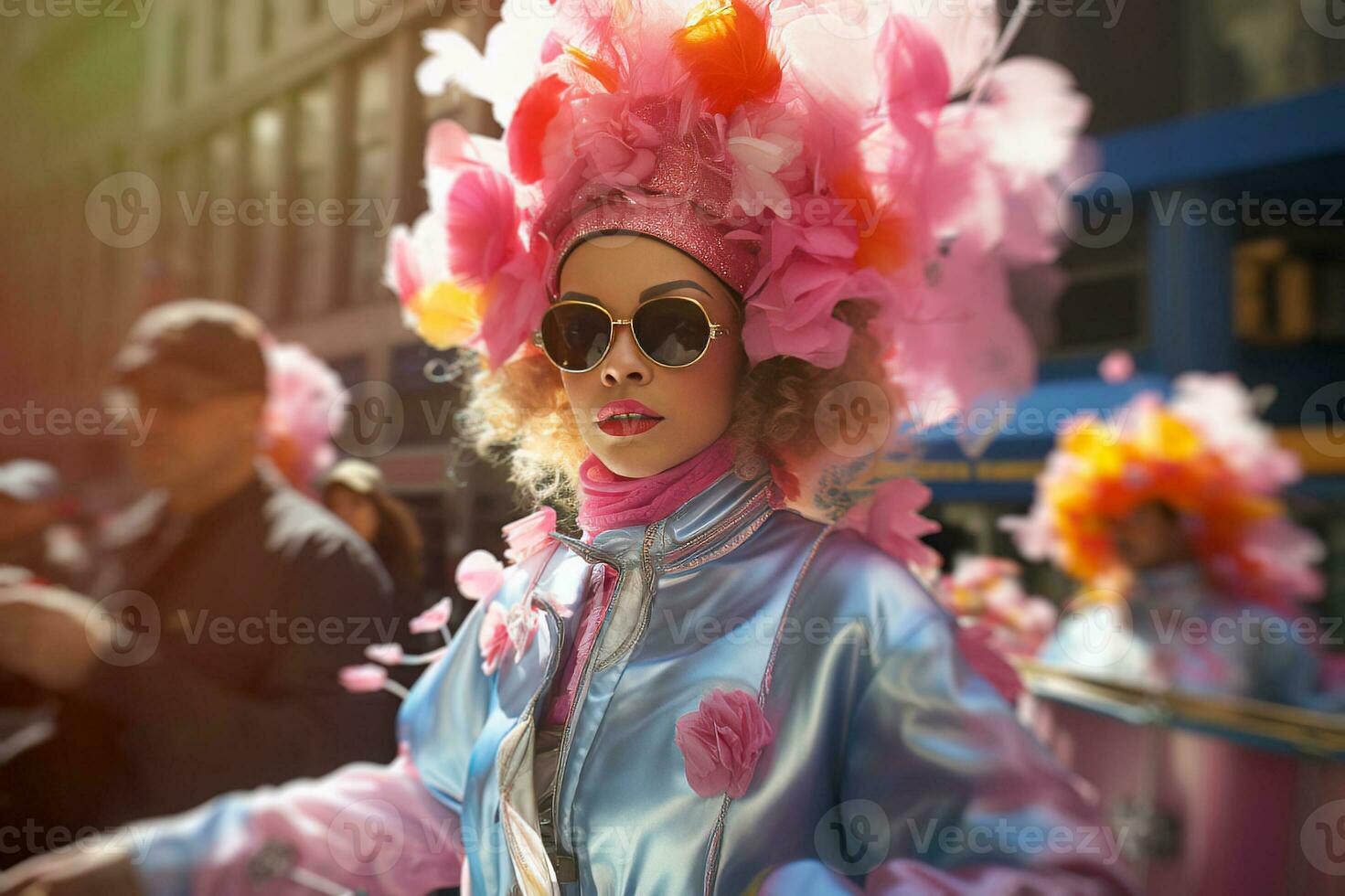 An Elegantly Dressed Participant in a Flowery Hat and Sunglasses Captures the Essence of Spring Fashion at the Easter Parade, AI Generated photo