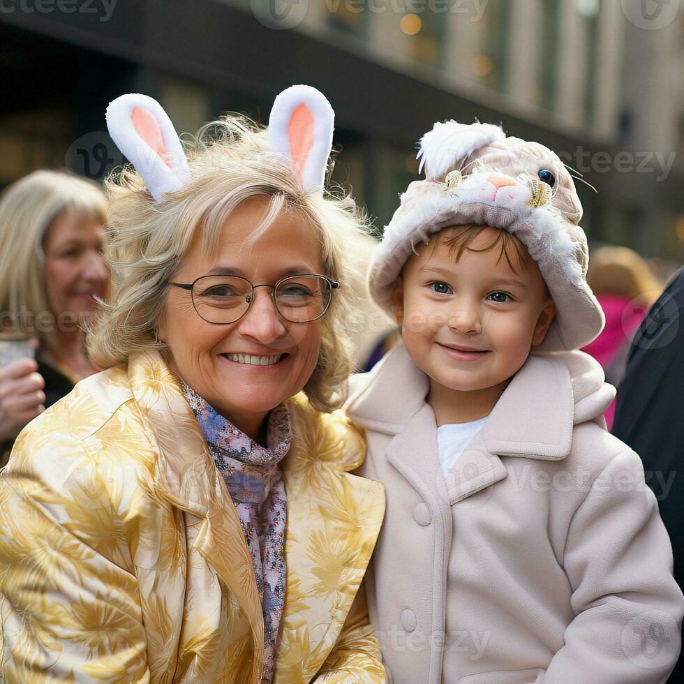 A Grandmother and Granddaughter Enjoying the Festivities, both Sporting Cute Easter-themed Headwear, AI Generated photo