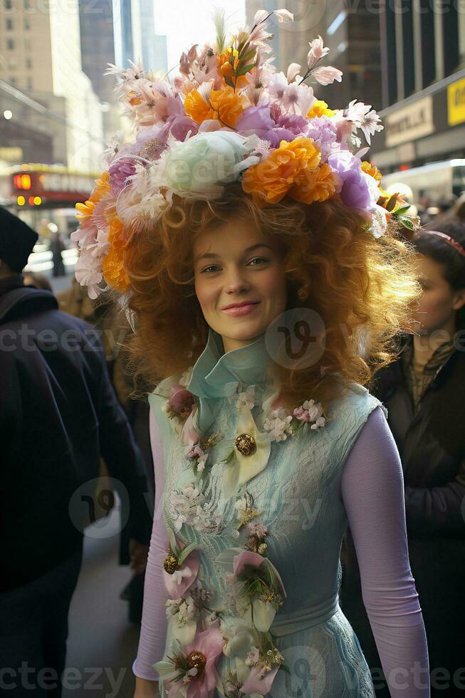 A Woman in a Vibrant Floral Hat and Pastel Attire Participates in a Spring Parade, AI Generated photo