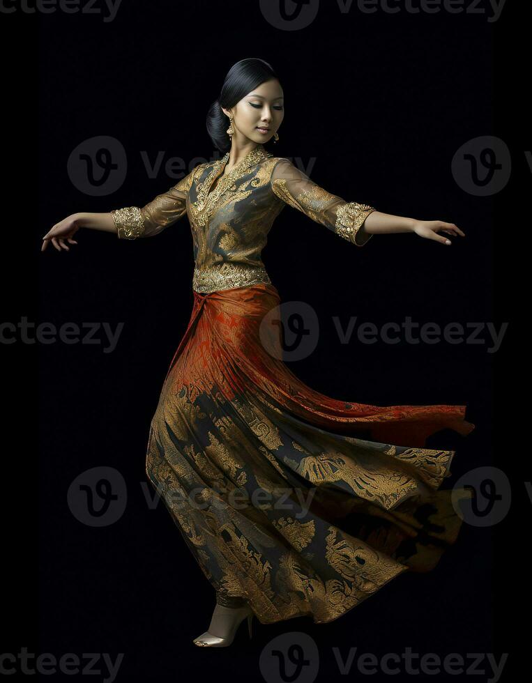 An Indonesian Woman Performs a Traditional Dance, Dressed in an Ornate Batik Gown, AI Generated photo