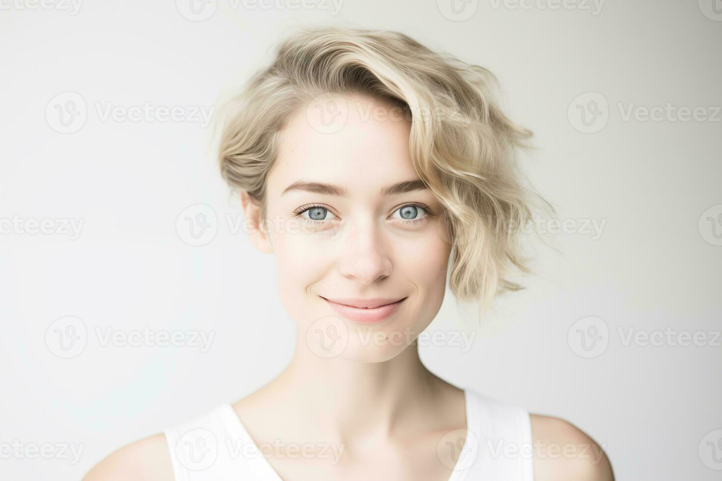 AI generated Portrait of a young Caucasian woman with a captivating smile and short, wavy hair photo