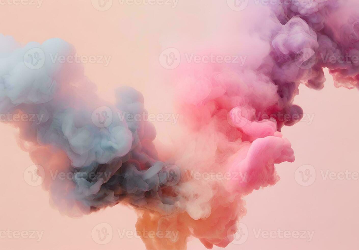 AI generated abstract figures of smoke and steam of colors on a white and pale pink background photo