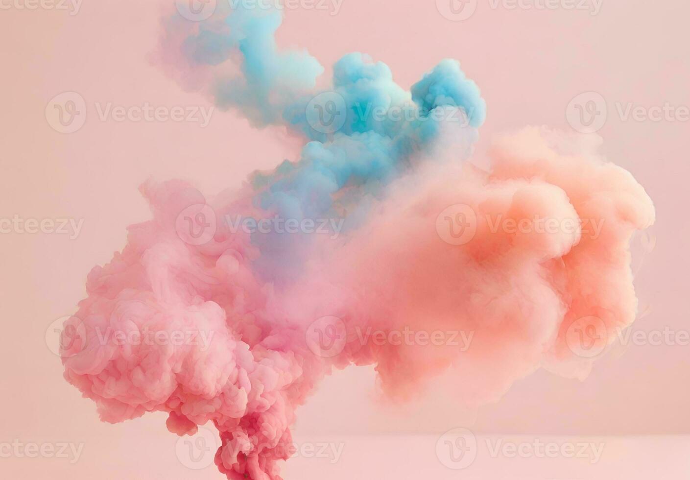 AI generated abstract figures of smoke and steam of colors on a white and pale pink background photo