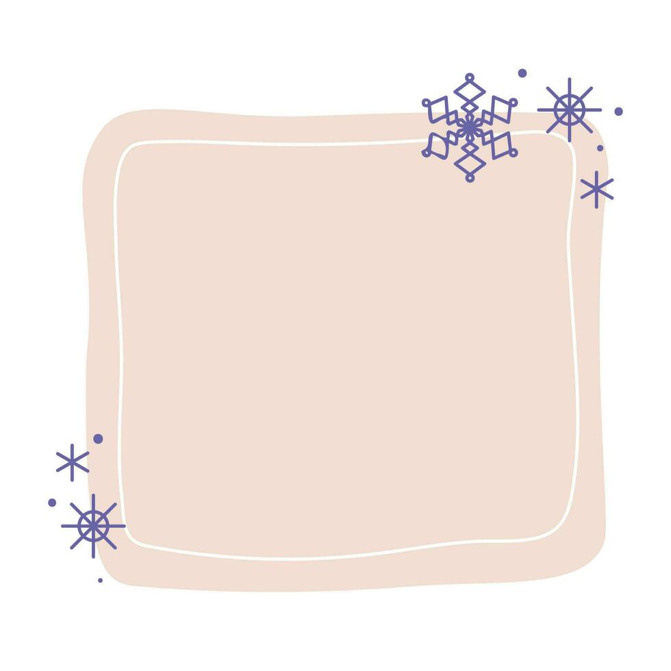 Christmas winter hand drawn pastel beige square frame with snowflakes. Modern minimalist aesthetic holiday element. Vector sparkle for social media or poster design
