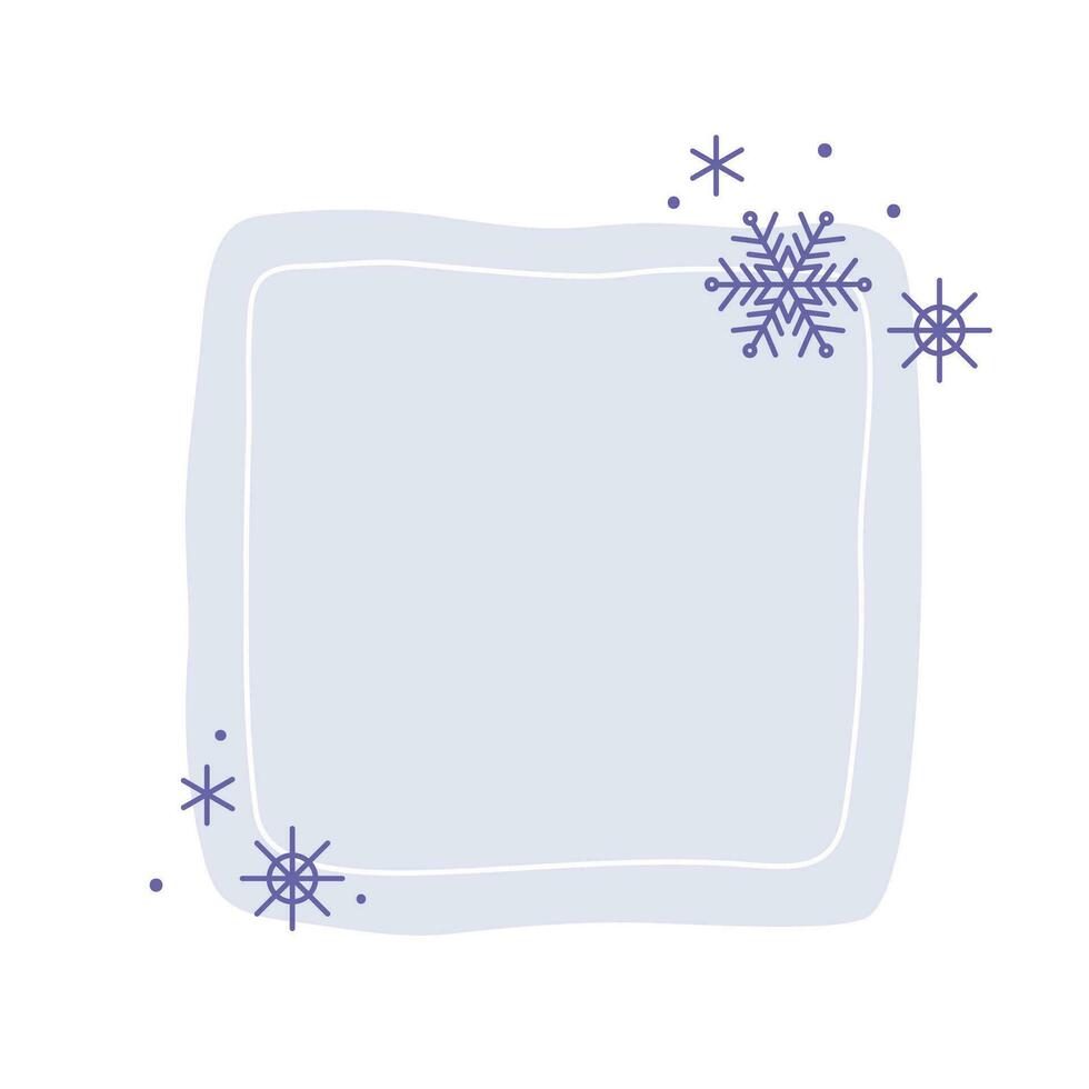 Christmas winter hand drawn pastel lilac square frame with snowflakes. Modern minimalist aesthetic holiday element. Vector sparkle for social media or poster design