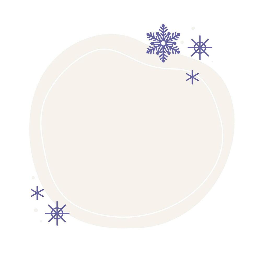 Christmas winter hand drawn beige circle frame with snowflakes. Modern minimalist aesthetic holiday element. Vector sparkle for social media or poster design, simple decorative boho style border