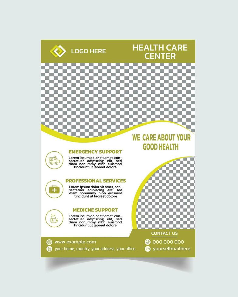 Health care flyer design, hospital flyer template, medical flyer leaflet A4 size vector illustration