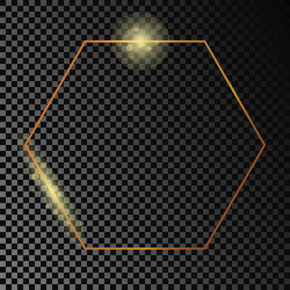 Gold glowing hexagon frame isolated on dark background. Shiny frame with glowing effects. Vector illustration.