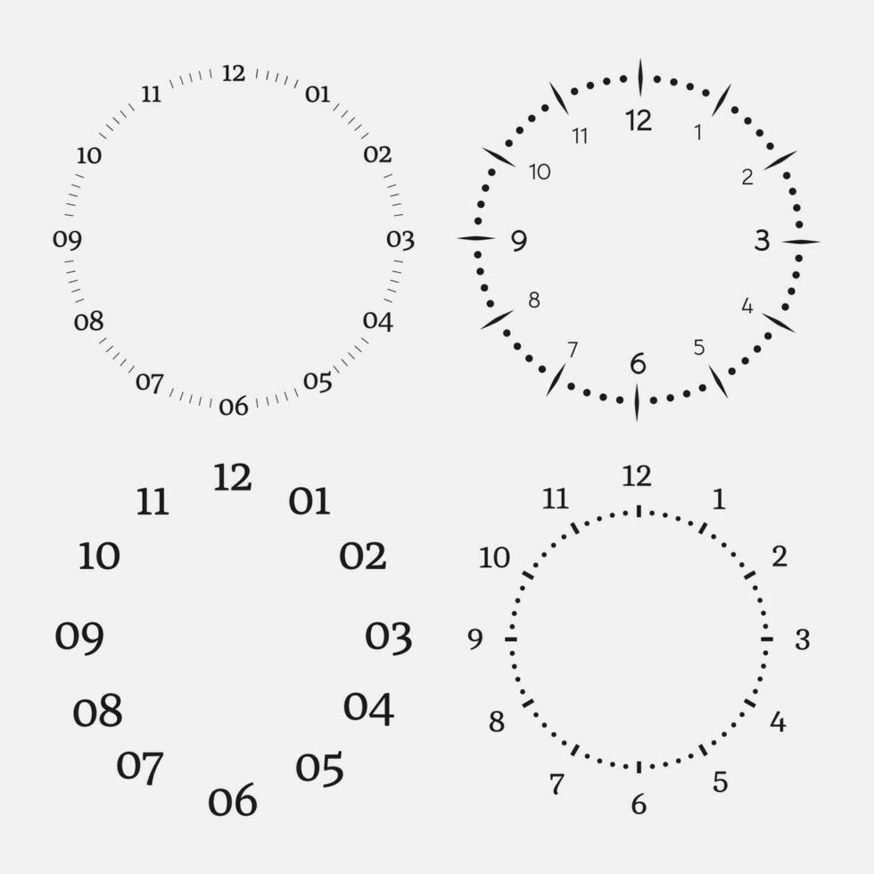 reloj caras en un blanco antecedentes. conjunto de cuatro 12 horas reloj diales con redondo escala. vector ilustración