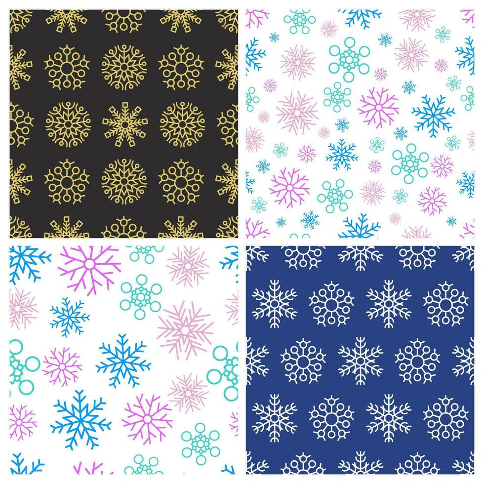 Seamless background with snowflakes. Set of four Christmas and New Year backdrops. Christmas decoration elements. Vector illustration.