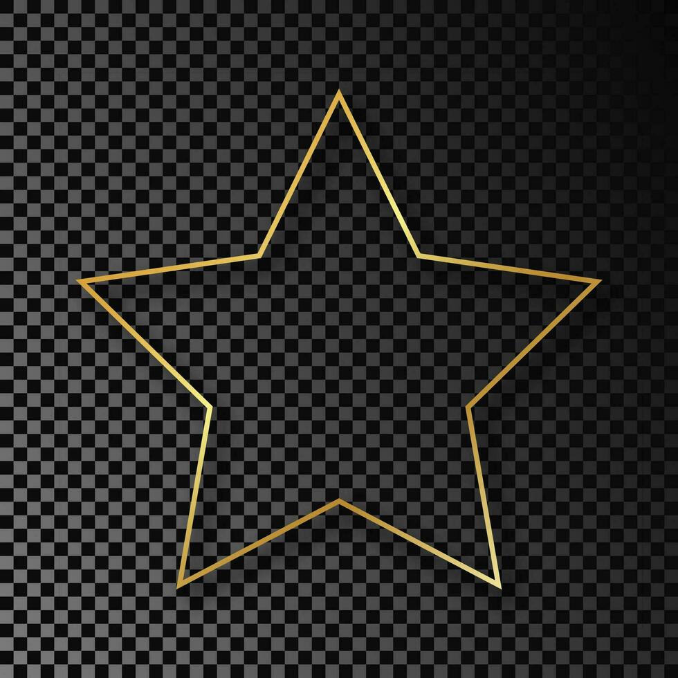 Gold glowing star shape frame with shadow isolated on dark background. Shiny frame with glowing effects. Vector illustration.