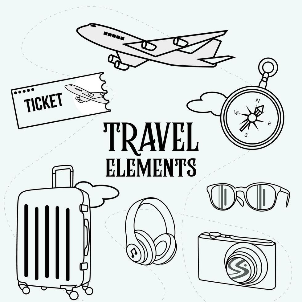 travel elements vector graphics in outline