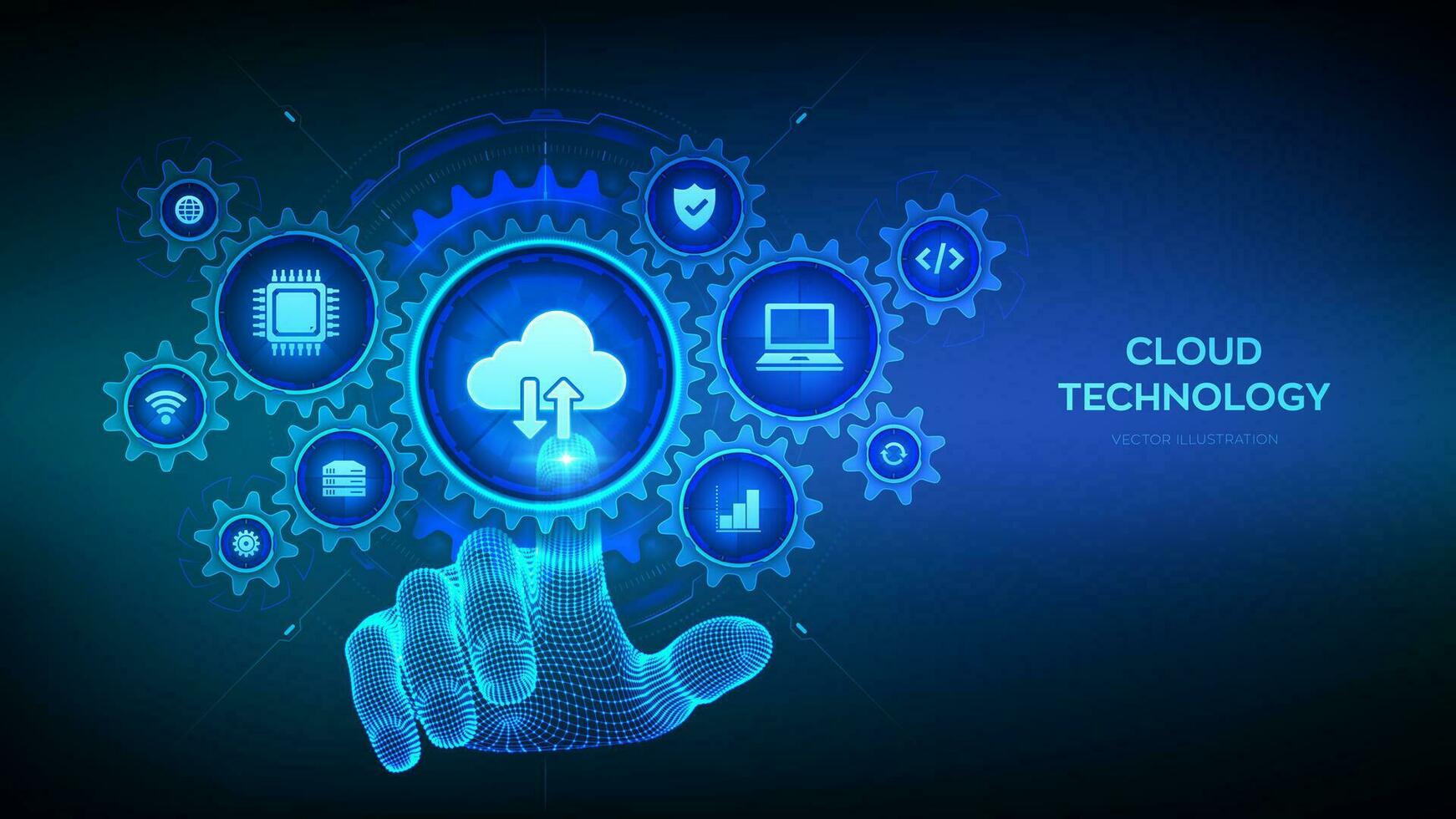 nube informática servicio. nube almacenamiento conexión de alta tecnología concepto. nube tecnología negocio procesos. estructura metálica mano conmovedor digital interfaz con conectado engranajes engranajes, iconos vector ilustración.